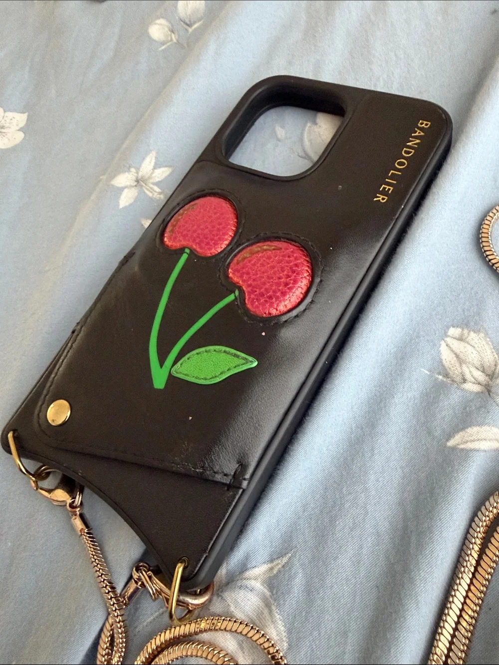 Bandolier Leather Crossbody PhoneCase w/Pink CherryDesign for iPhone 14 Pro Max